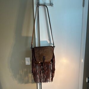 Western Ohlay Handtooled Rawhide Crossbody Purse Fringe &Leather Strap- Like New